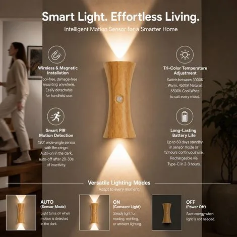 LED Smart Motion Sensor Hourglass-Shaped Wall Light - Light wood β photo 4