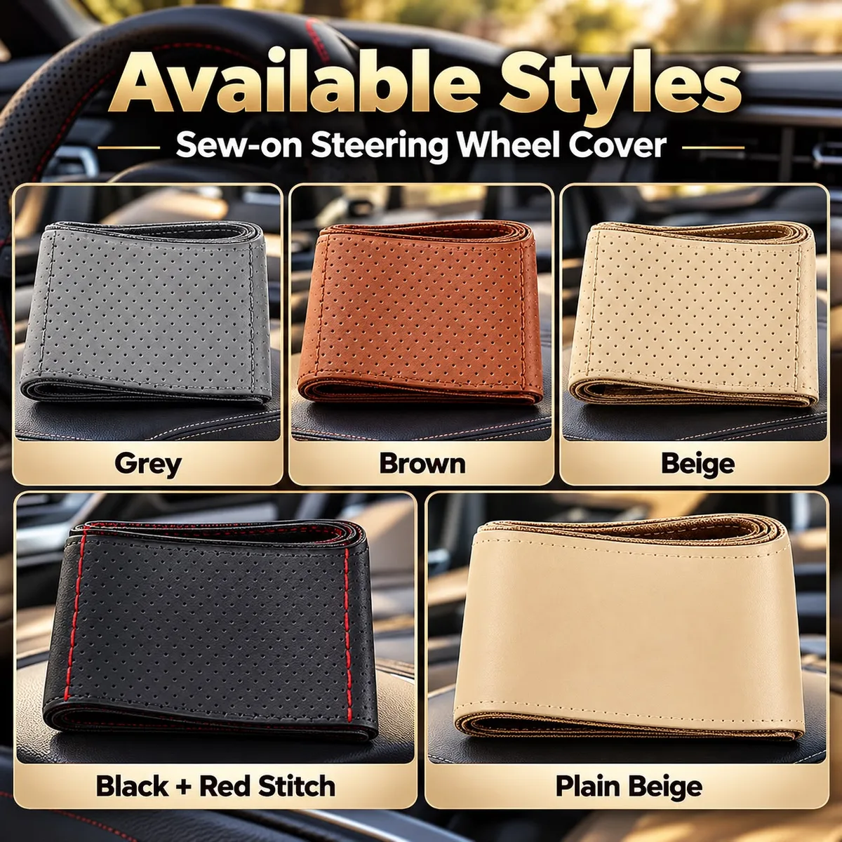 Car Stitch Leather Steering Wheel Cover - Grey — photo 6
