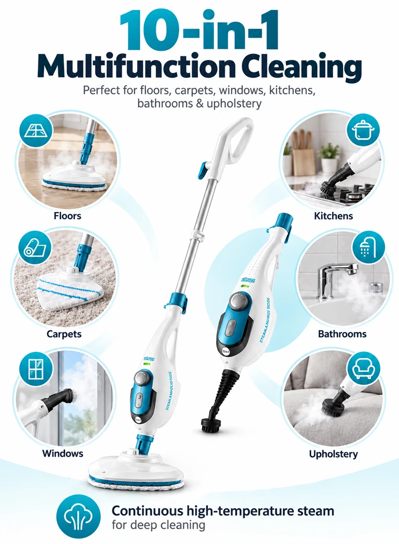 10-in-1 Multifunction Steam Mop With Garment Steamer & Adjustable Telescopic Handle — photo 3