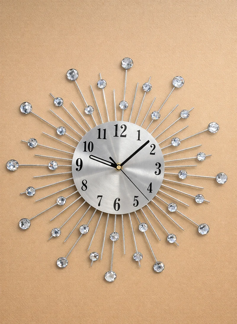 Modern Crystal Sunburst Design Wall Clock With Silent Quartz Movement - Silver