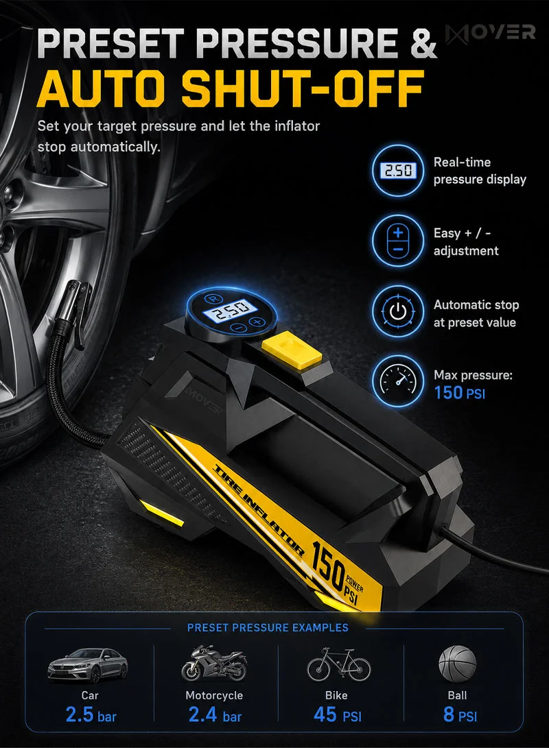 12V Portable Air Pressure Digital Tire Inflator with Auto Shut-Off, LED Light, 3m Cord β photo 5