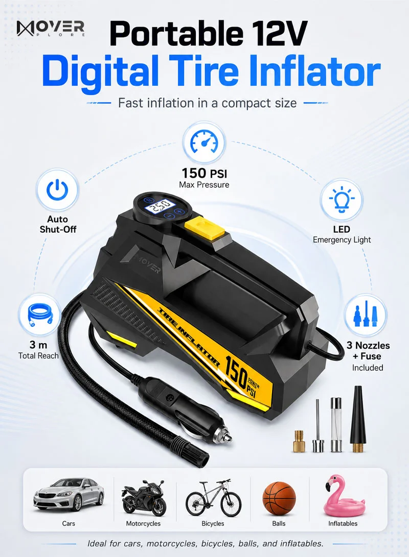 12V Portable Air Pressure Digital Tire Inflator with Auto Shut-Off, LED Light, 3m Cord — photo 6