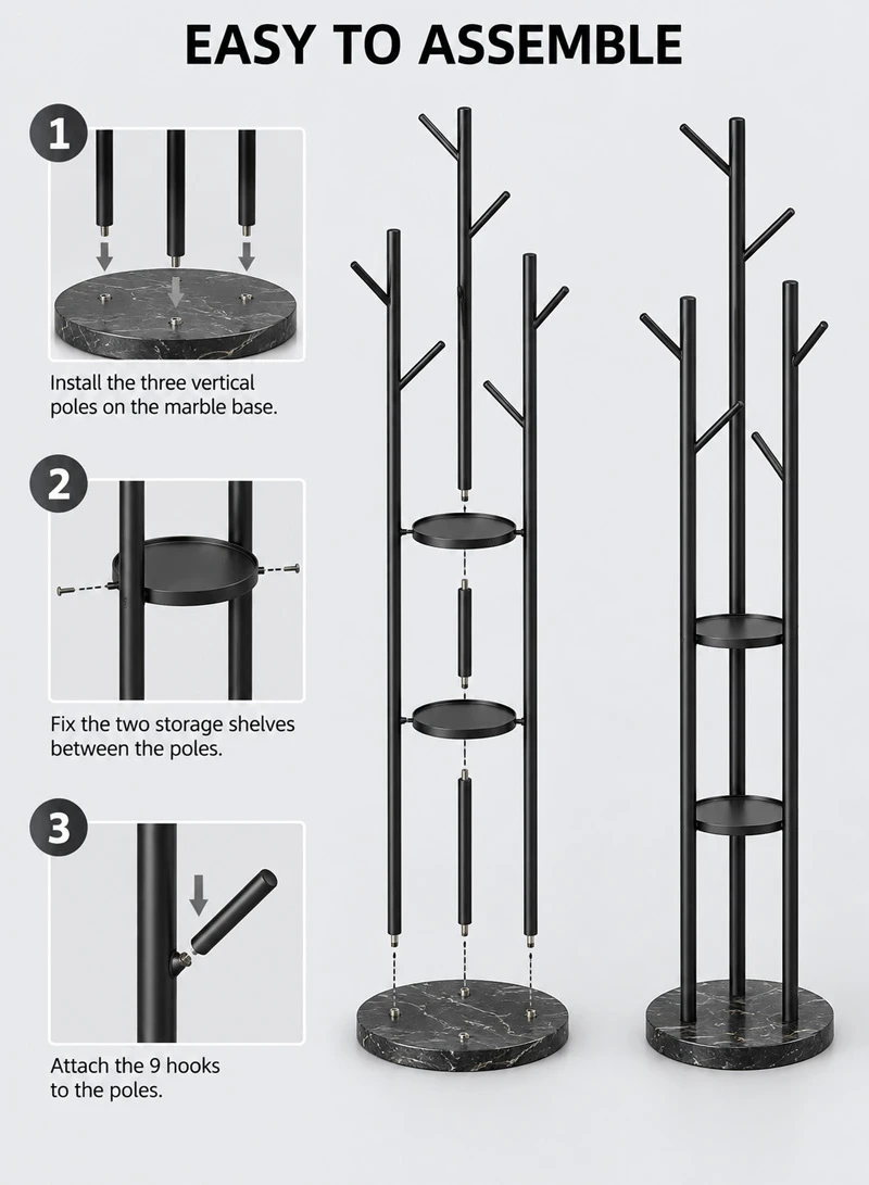 Metal Coat Hanger With Round Stable Marble Base & 9 Independent Hanger Hooks Easy To Assemble — photo 6