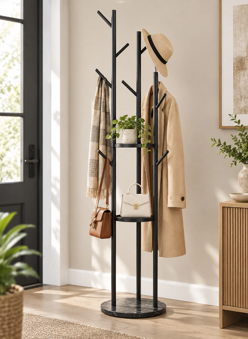Metal Coat Hanger With Round Stable Marble Base & 9 Independent Hanger Hooks Easy To Assemble