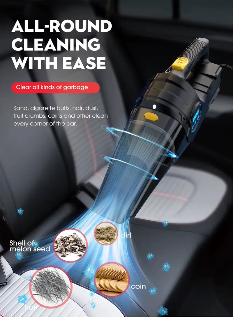 DUAL-USE CORDED VACUUM CLEANER AND TIRE INFLATOR: 12V Car High-Power Vacuum Cleaner with Digita — photo 4