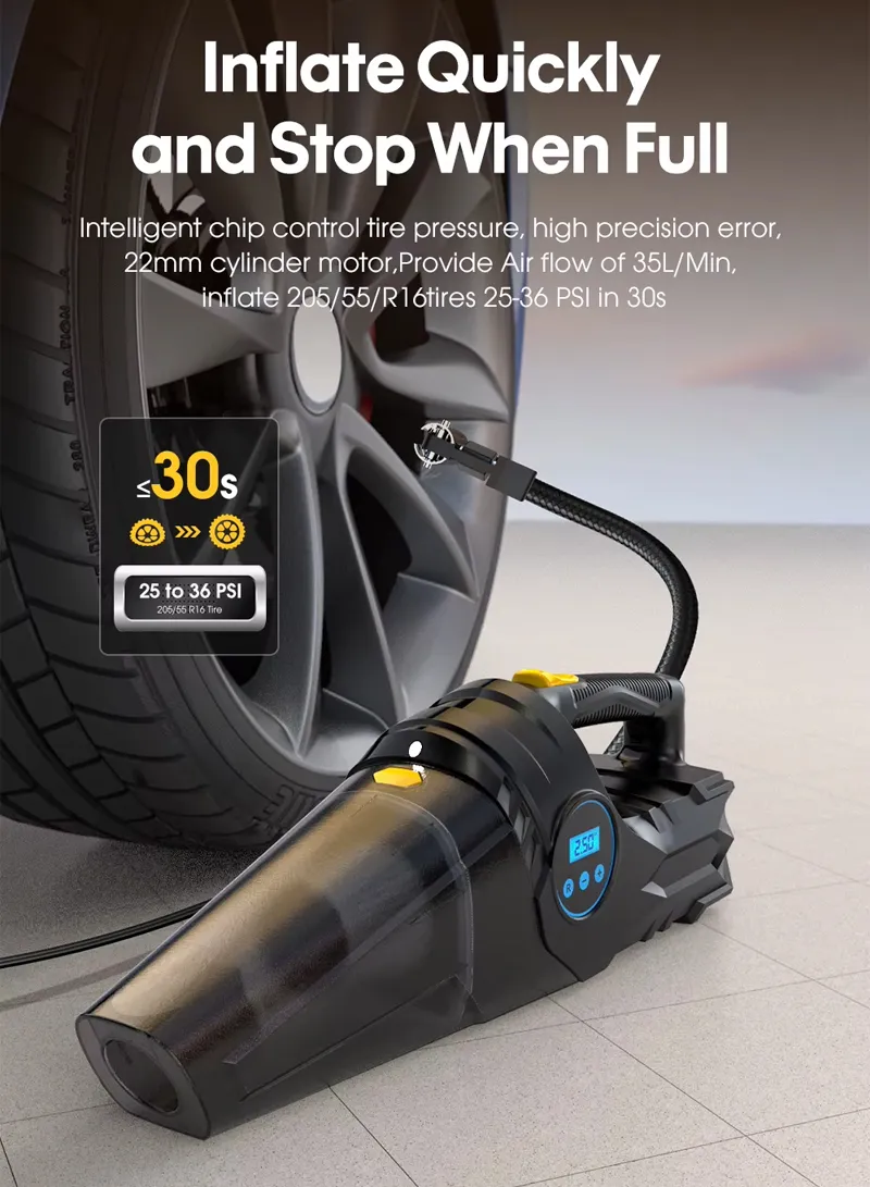 DUAL-USE CORDED VACUUM CLEANER AND TIRE INFLATOR: 12V Car High-Power Vacuum Cleaner with Digita β photo 5