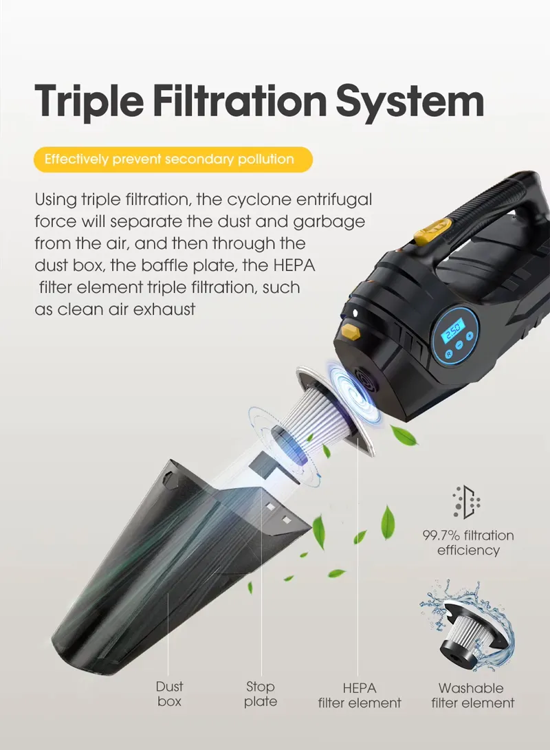 DUAL-USE CORDED VACUUM CLEANER AND TIRE INFLATOR: 12V Car High-Power Vacuum Cleaner with Digita β photo 6