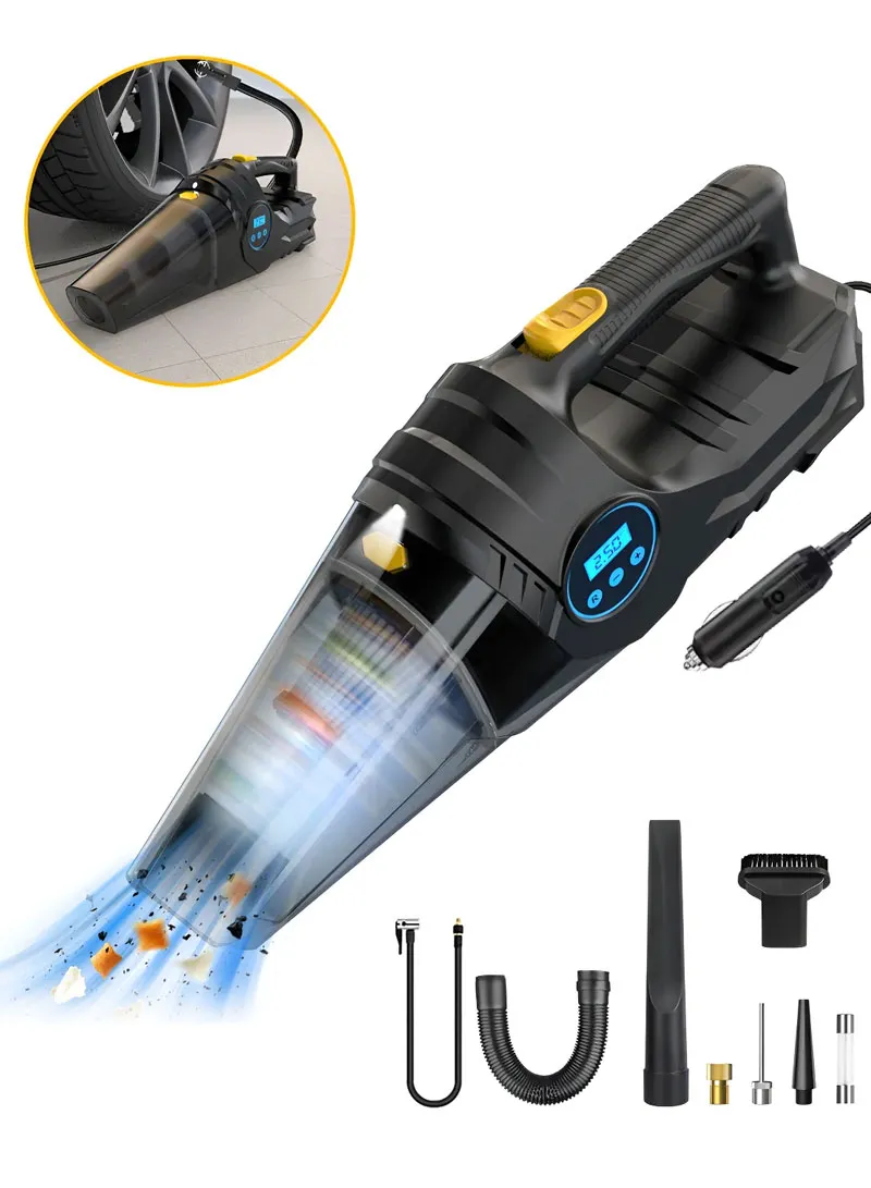 DUAL-USE CORDED VACUUM CLEANER AND TIRE INFLATOR: 12V Car High-Power Vacuum Cleaner with Digita