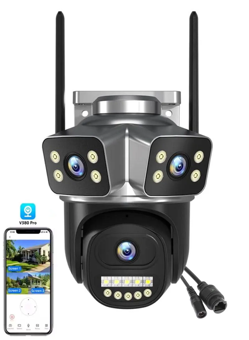 3-Camera 3-Screen True Trinocular WiFi PTZ Security Camera Auto-Tracking & Night Vision