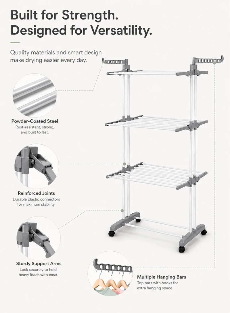 3-Tier Clothes Airer with Wheels – Heavy-Duty Laundry Drying Rack with Hanging Bars — photo 3