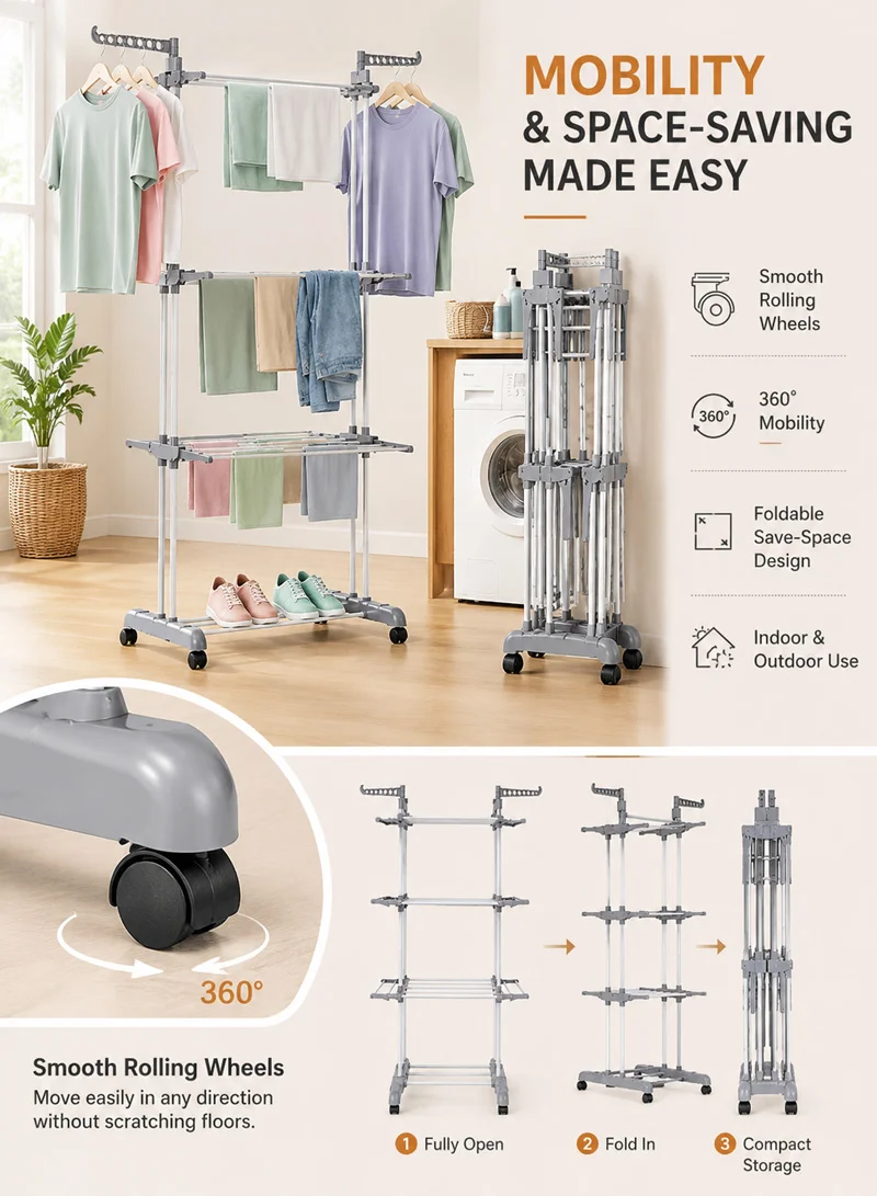 3-Tier Clothes Airer with Wheels – Heavy-Duty Laundry Drying Rack with Hanging Bars — photo 6