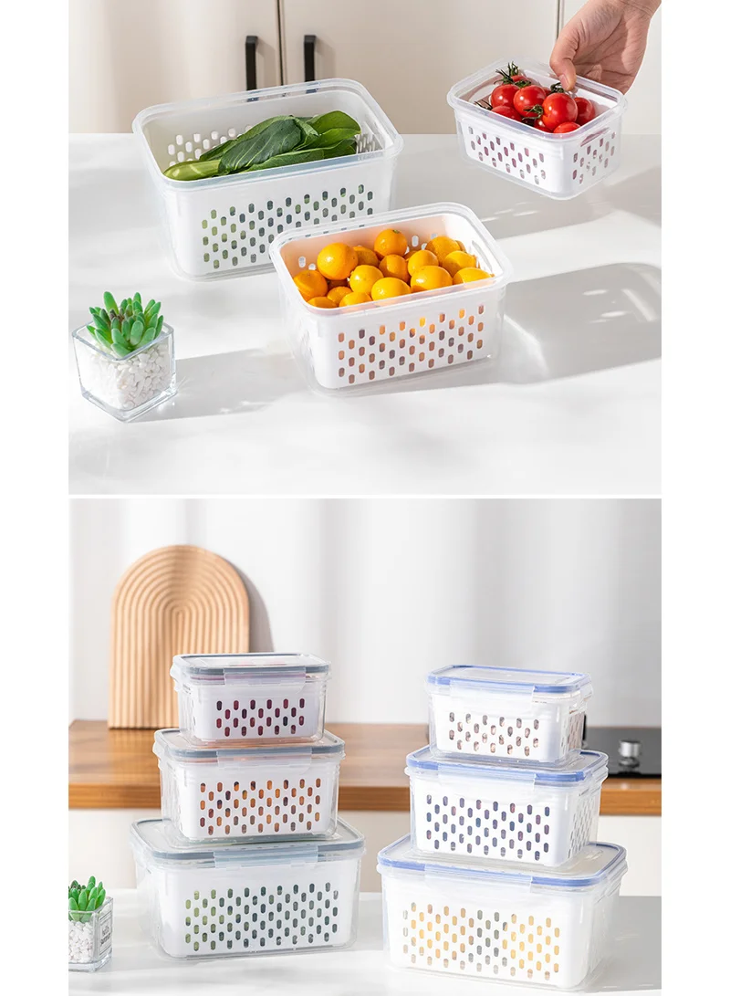 3-Piece Airtight Fresh-Keeping Container Set with Internal Drain Baskets -Blue — photo 9