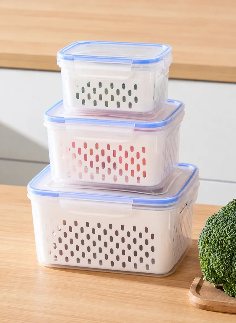 3-Piece Airtight Fresh-Keeping Container Set with Internal Drain Baskets -Blue