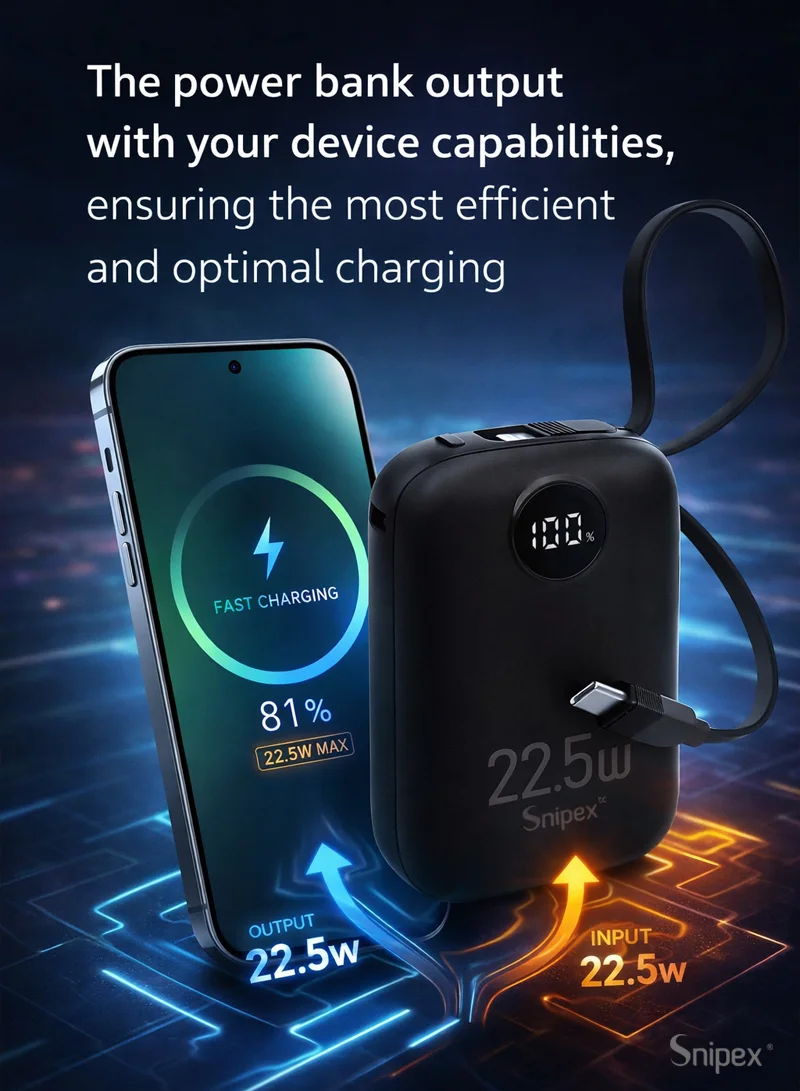 10000mAh Fast-Charging Power Bank Built-In Dual Cables & Digital Display - Black β photo 5
