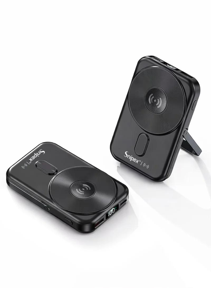 10000mAh Magnetic Wireless Power Bank With Stand, Type-C & USB Fast Charging - Black