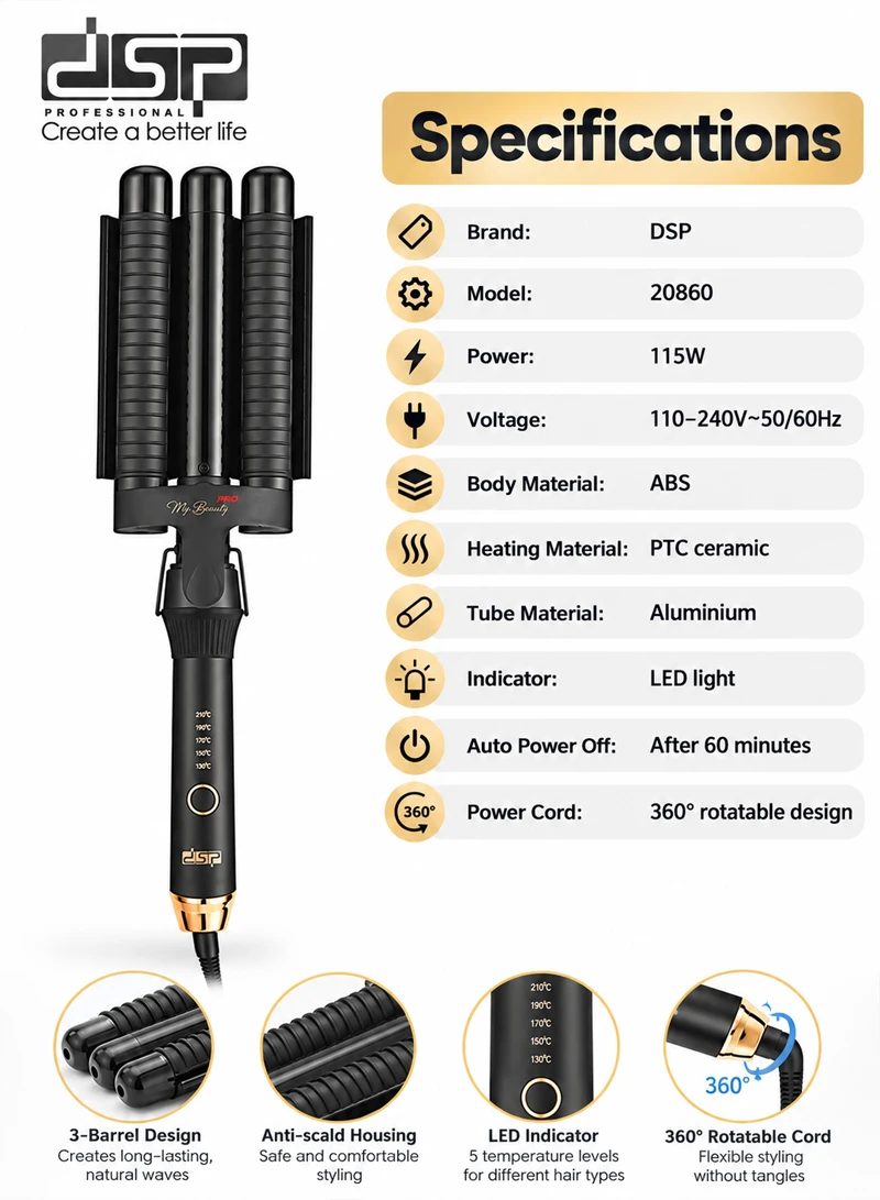 Professional 3-Barrel Hair Curler with PTC Ceramic Heating & Adjustable Temperature 20860 — photo 6