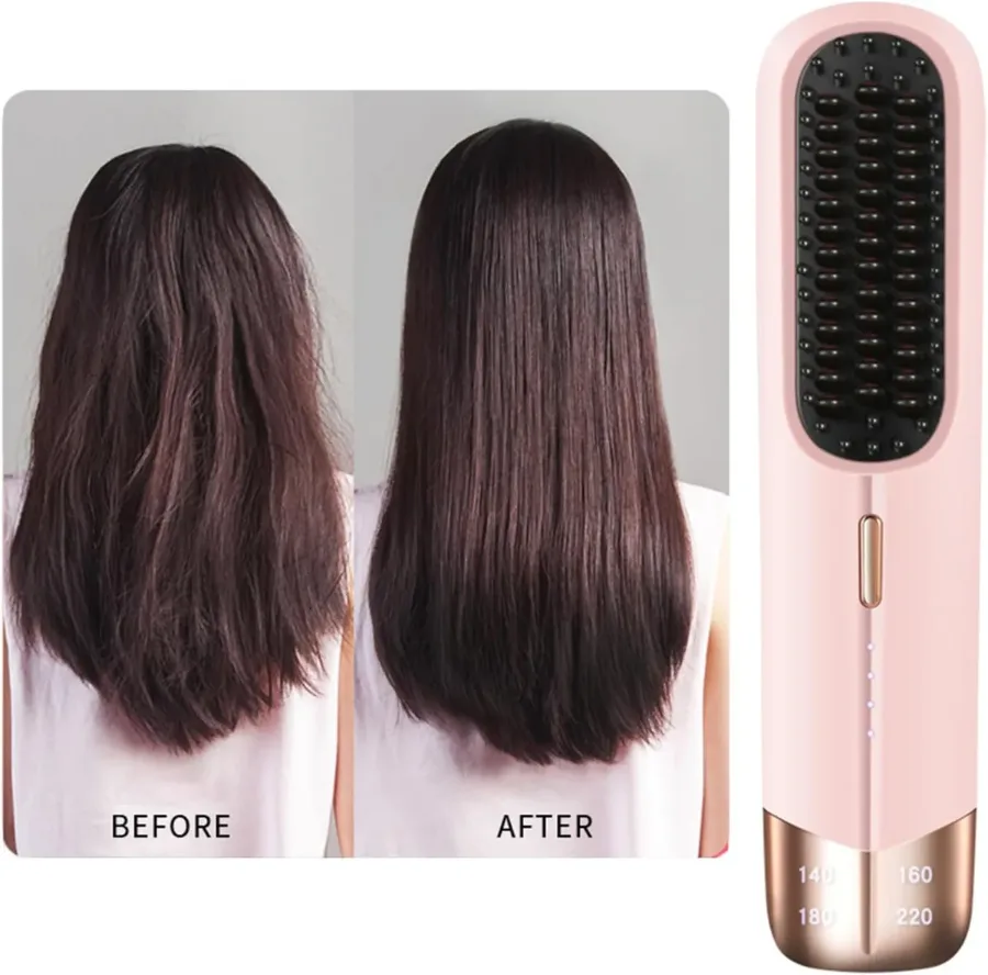 Portable Hair Straightener Brush - Pink