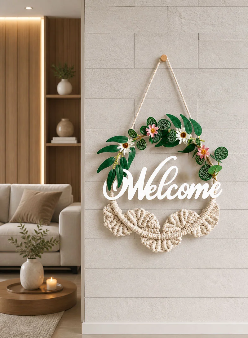 Artisanal Nordic-Style MacramΓ© & Floral "Welcome" Wall Charm