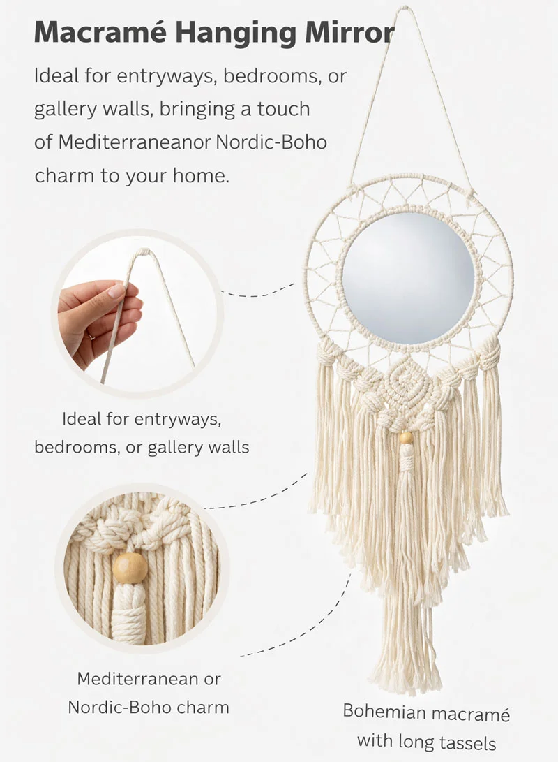 Artisanal Sunburst Macramé Hanging Mirror — photo 6