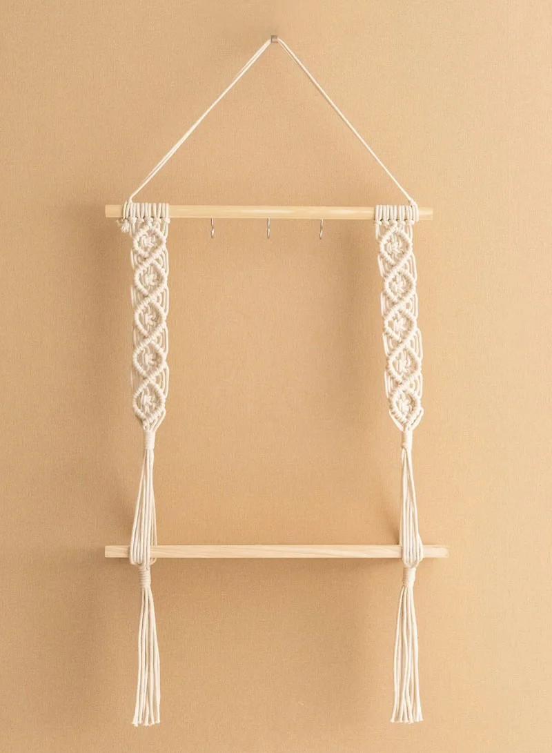 Hanging Wall Shelf With Bohemian Macrame Design, Tassels & Wooden Rack — photo 4