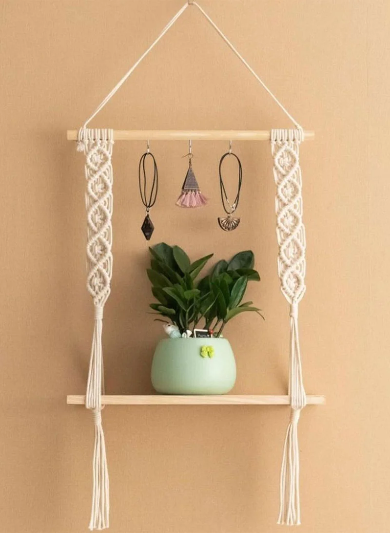 Hanging Wall Shelf With Bohemian Macrame Design, Tassels & Wooden Rack — photo 5