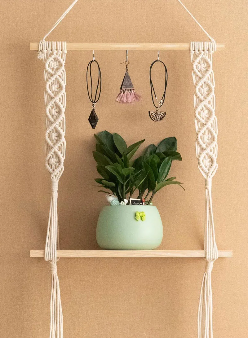 Hanging Wall Shelf With Bohemian Macrame Design, Tassels & Wooden Rack β photo 6