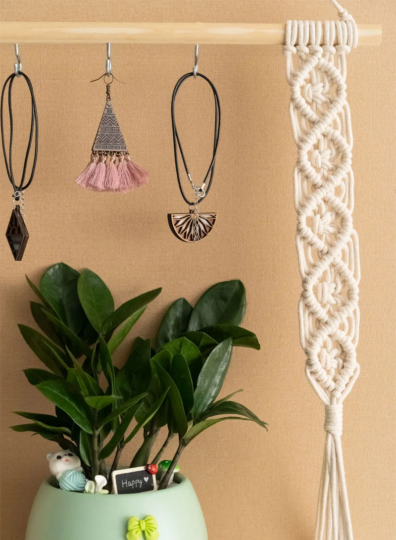 Hanging Wall Shelf With Bohemian Macrame Design, Tassels & Wooden Rack β photo 7