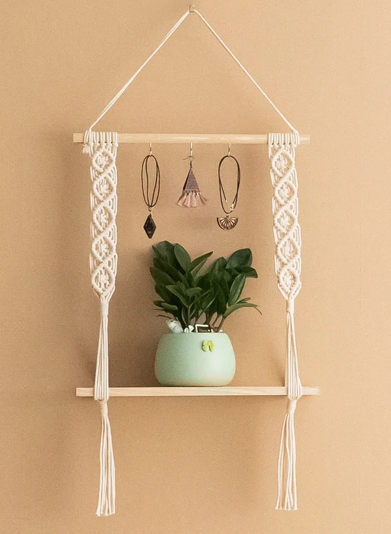 Hanging Wall Shelf With Bohemian Macrame Design, Tassels & Wooden Rack — photo 8