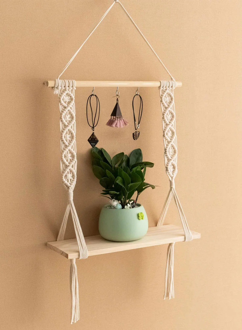 Hanging Wall Shelf With Bohemian Macrame Design, Tassels & Wooden Rack