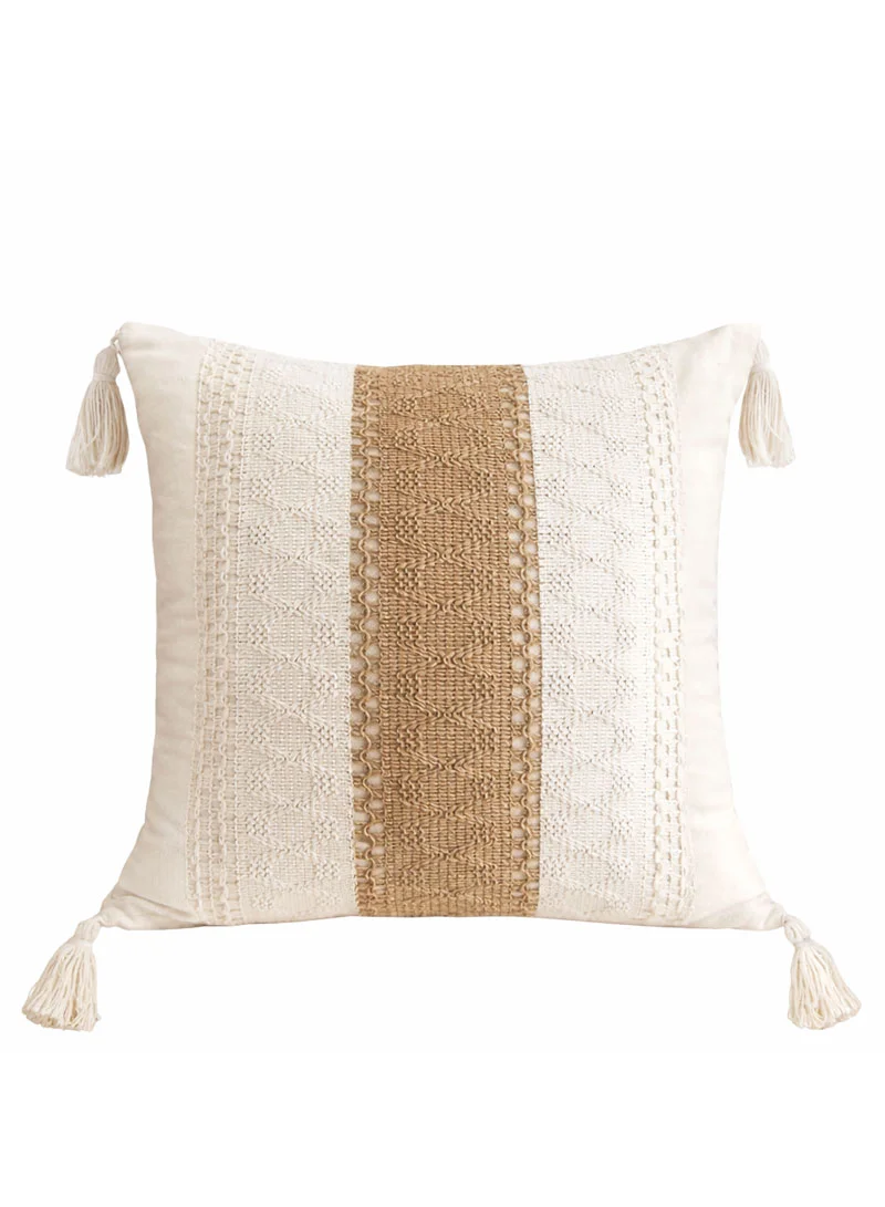 45x45cm Boho Textured Stripe Cushion Cover With Tassels - Beige β photo 3