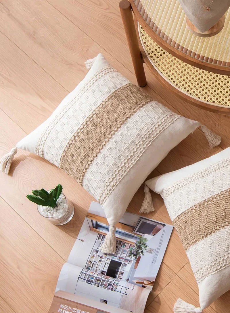 45x45cm Boho Textured Stripe Cushion Cover With Tassels - Beige β photo 7