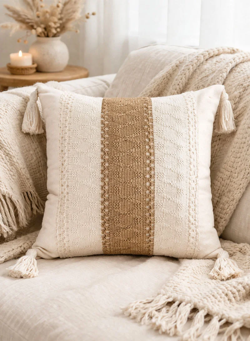 45x45cm Boho Textured Stripe Cushion Cover With Tassels - Beige