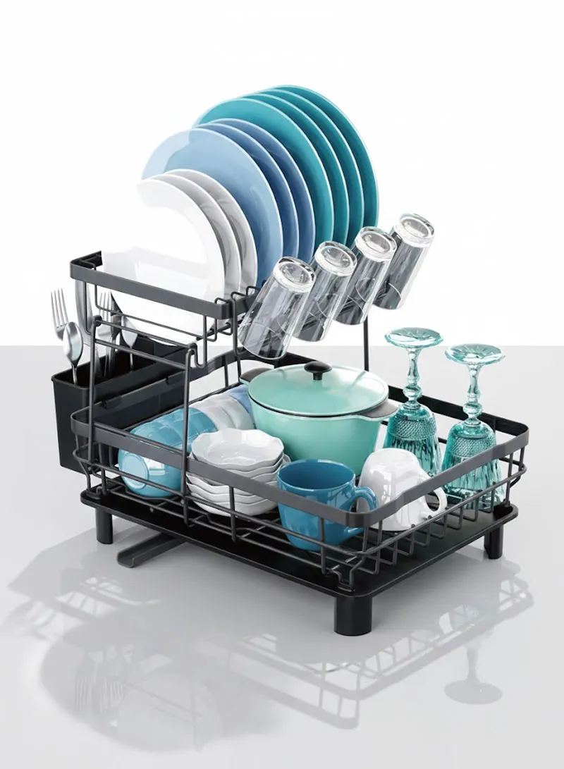 Multifunction Two-Tier Kitchen Dish Drying Rack with Cutlery Holder