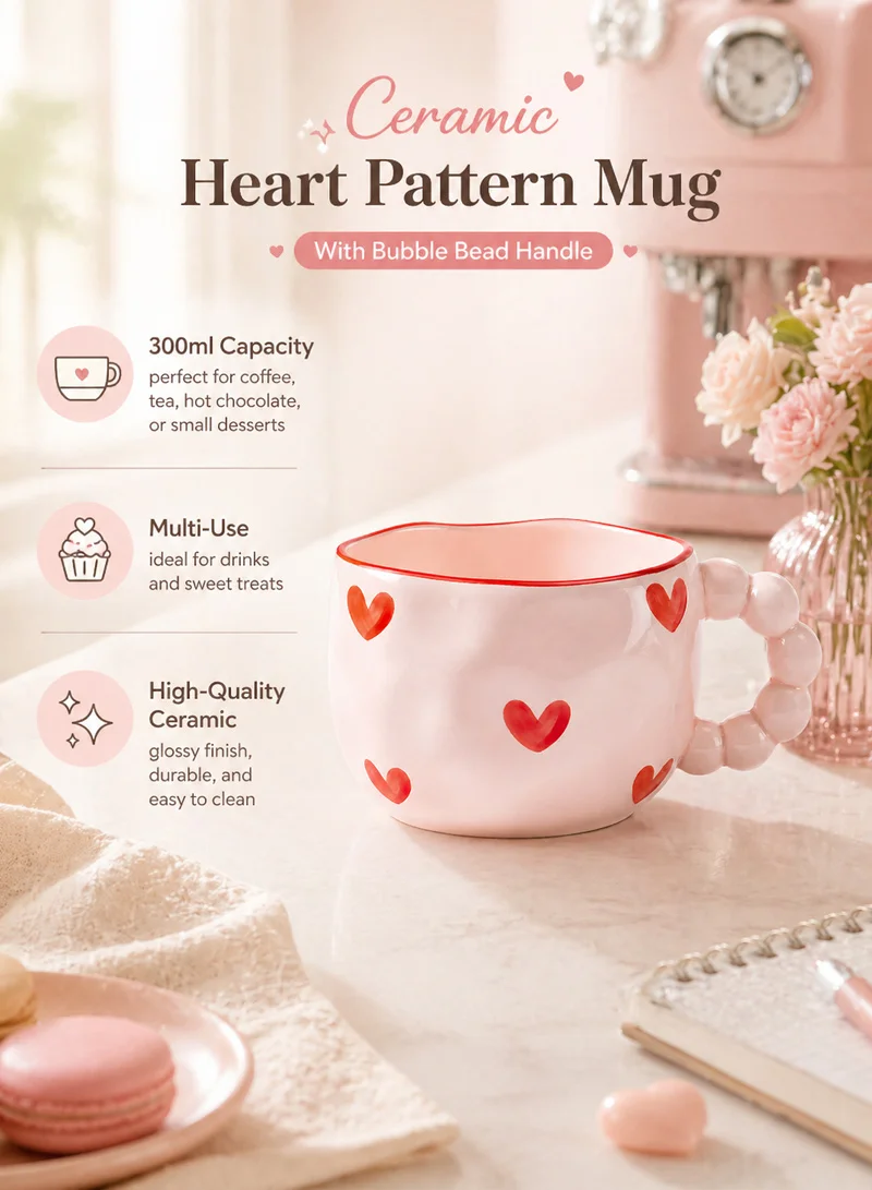 300ml Ceramic Heart Pattern Mug with Bubble Bead Handle β photo 5