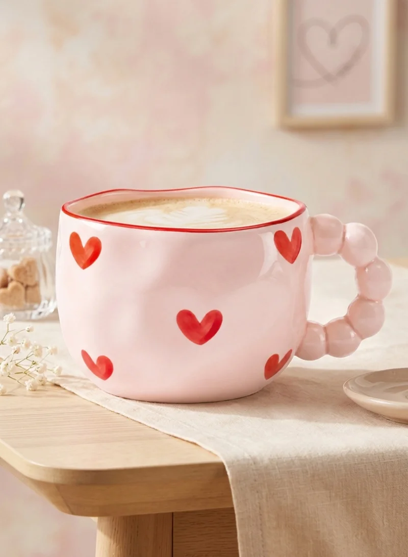 300ml Ceramic Heart Pattern Mug with Bubble Bead Handle