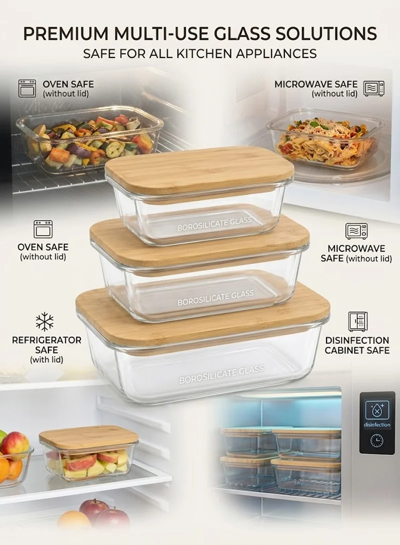 3-Piece Rectangle Borosilicate Glass Food Storage Container Set with Airtight Bamboo Lids β photo 7