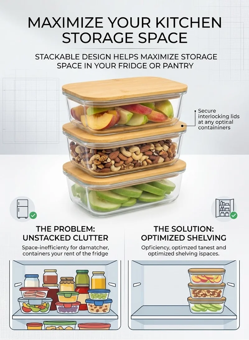 3-Piece Rectangle Borosilicate Glass Food Storage Container Set with Airtight Bamboo Lids — photo 9