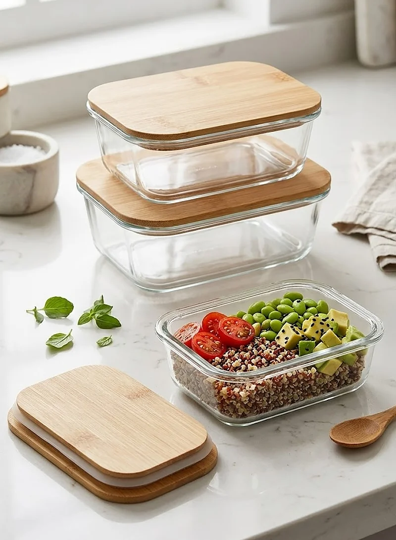 3-Piece Rectangle Borosilicate Glass Food Storage Container Set with Airtight Bamboo Lids