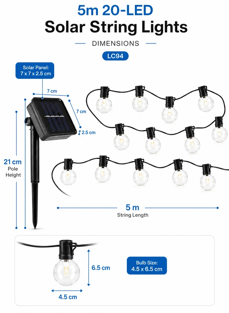 5m Solar String Lights, Warm White Outdoor Decorative Bulb Lights with Multiple Lighting Modes β photo 2