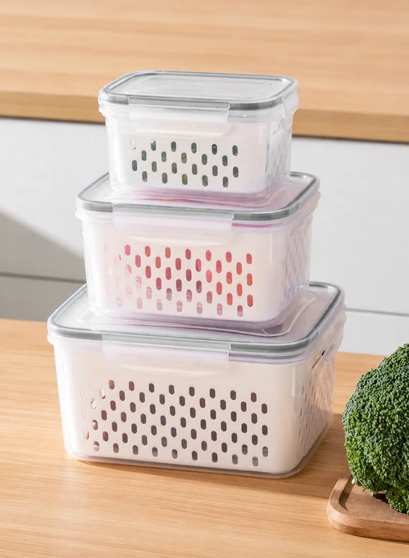 3-Piece Airtight Fresh-Keeping Container Set with Internal Drain Baskets -Grey