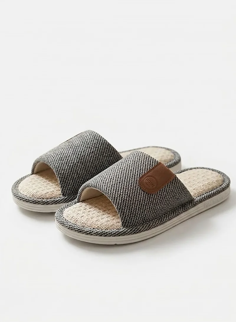 Herringbone Fabric Indoor Slides with Woven Linen Footbed & Patch - Grey — photo 2