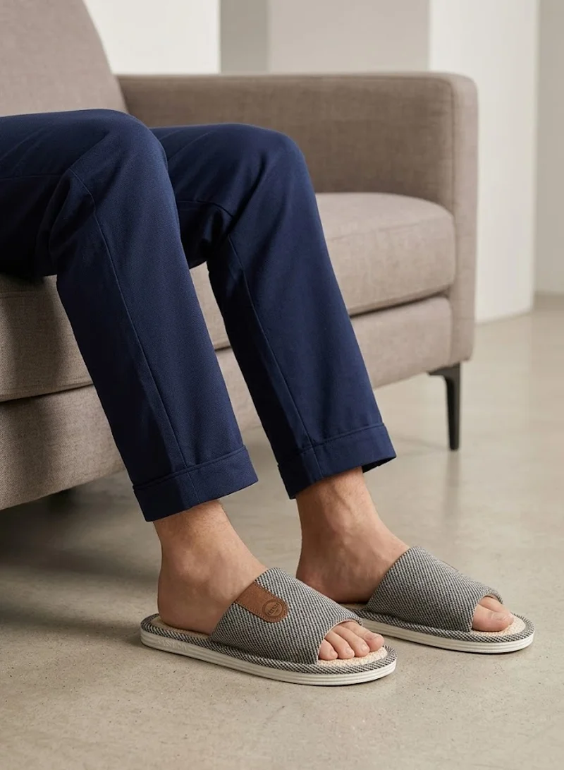 Herringbone Fabric Indoor Slides with Woven Linen Footbed & Patch - Grey β photo 3