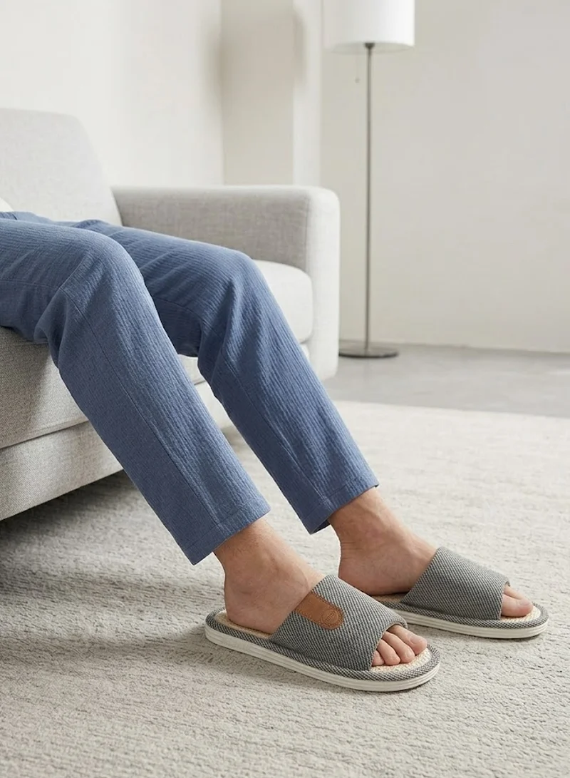 Herringbone Fabric Indoor Slides with Woven Linen Footbed & Patch - Grey β photo 4