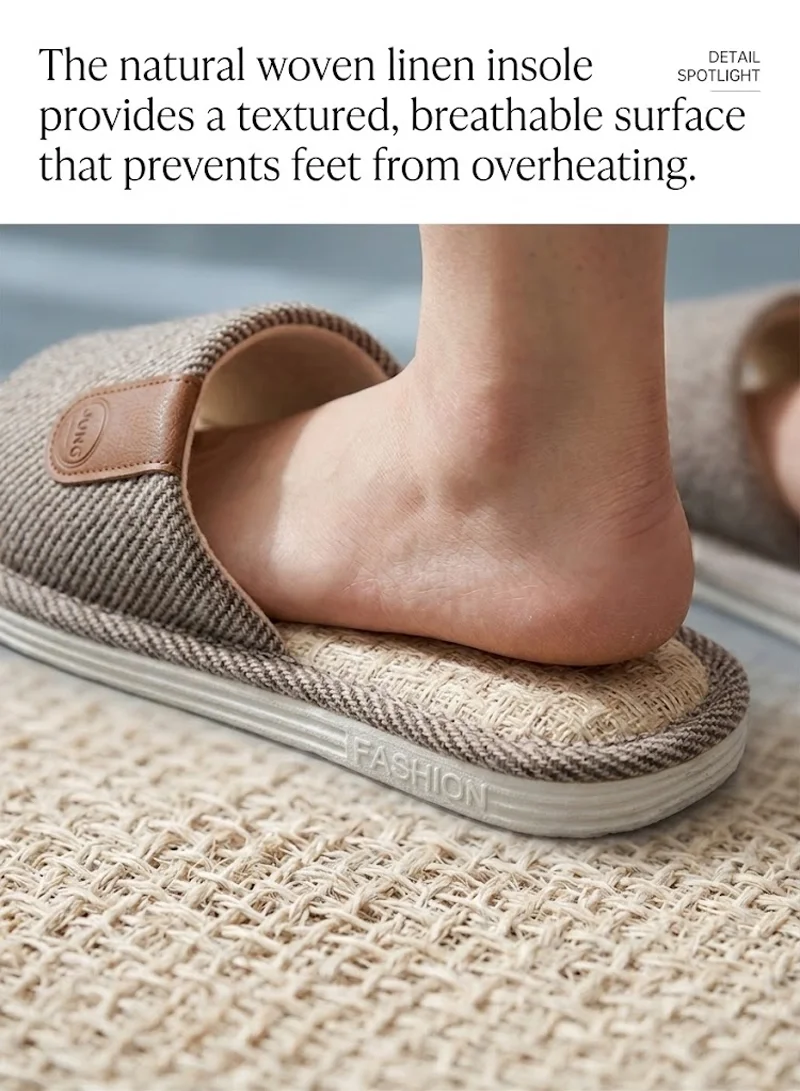 Herringbone Fabric Indoor Slides with Woven Linen Footbed & Patch - Grey β photo 6
