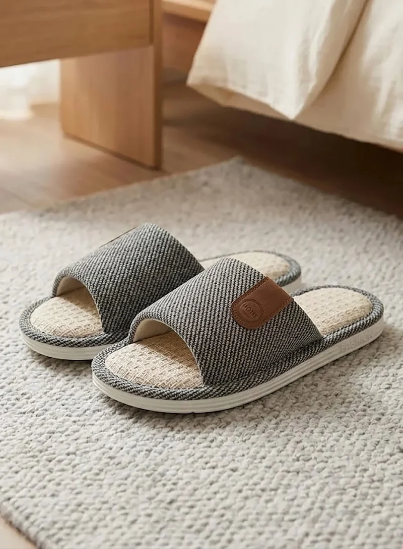 Herringbone Fabric Indoor Slides with Woven Linen Footbed & Patch - Grey