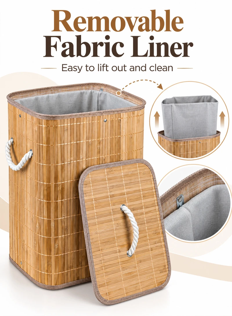 Natural Foldable Bamboo Laundry Hamper with Removable Fabric Liner, Lid & Rope Handles — photo 4
