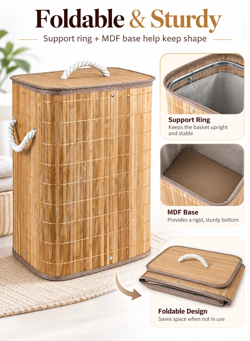Natural Foldable Bamboo Laundry Hamper with Removable Fabric Liner, Lid & Rope Handles — photo 5