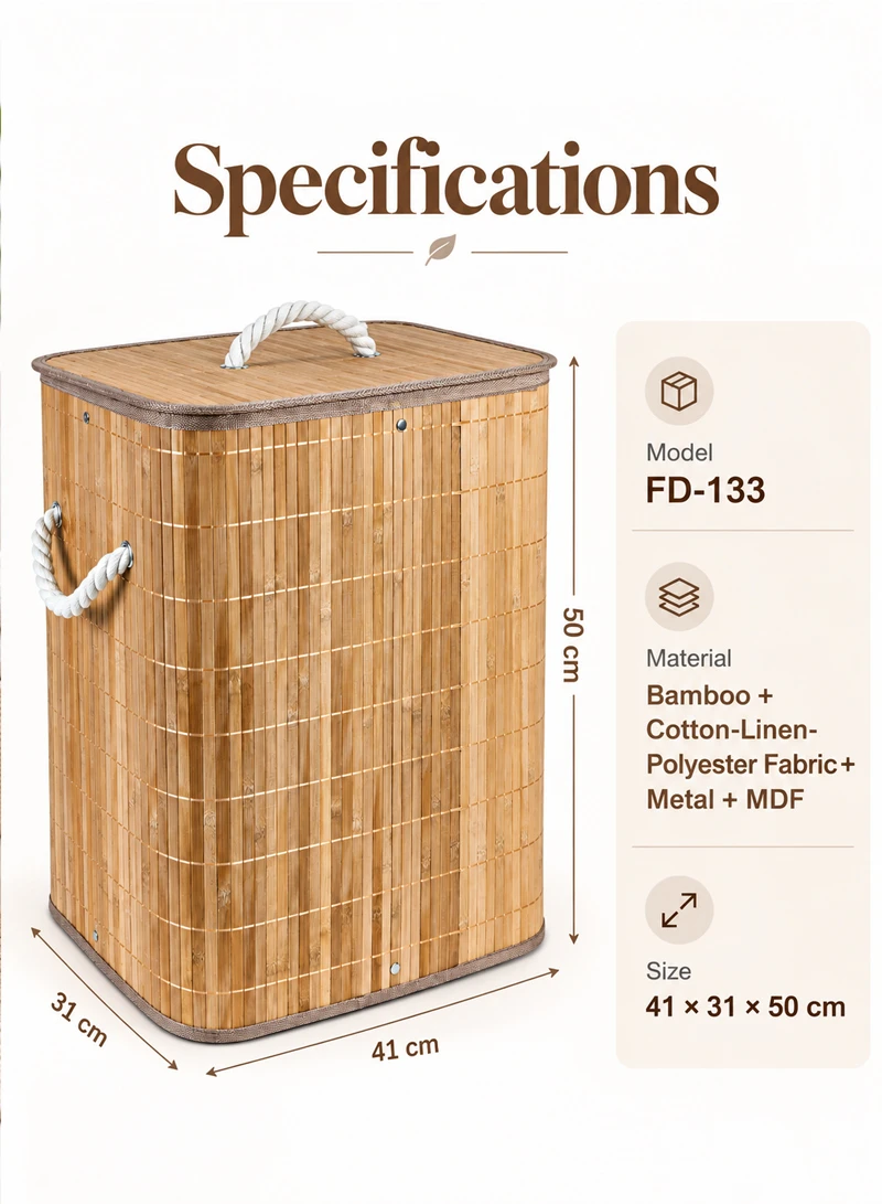 Natural Foldable Bamboo Laundry Hamper with Removable Fabric Liner, Lid & Rope Handles β photo 6