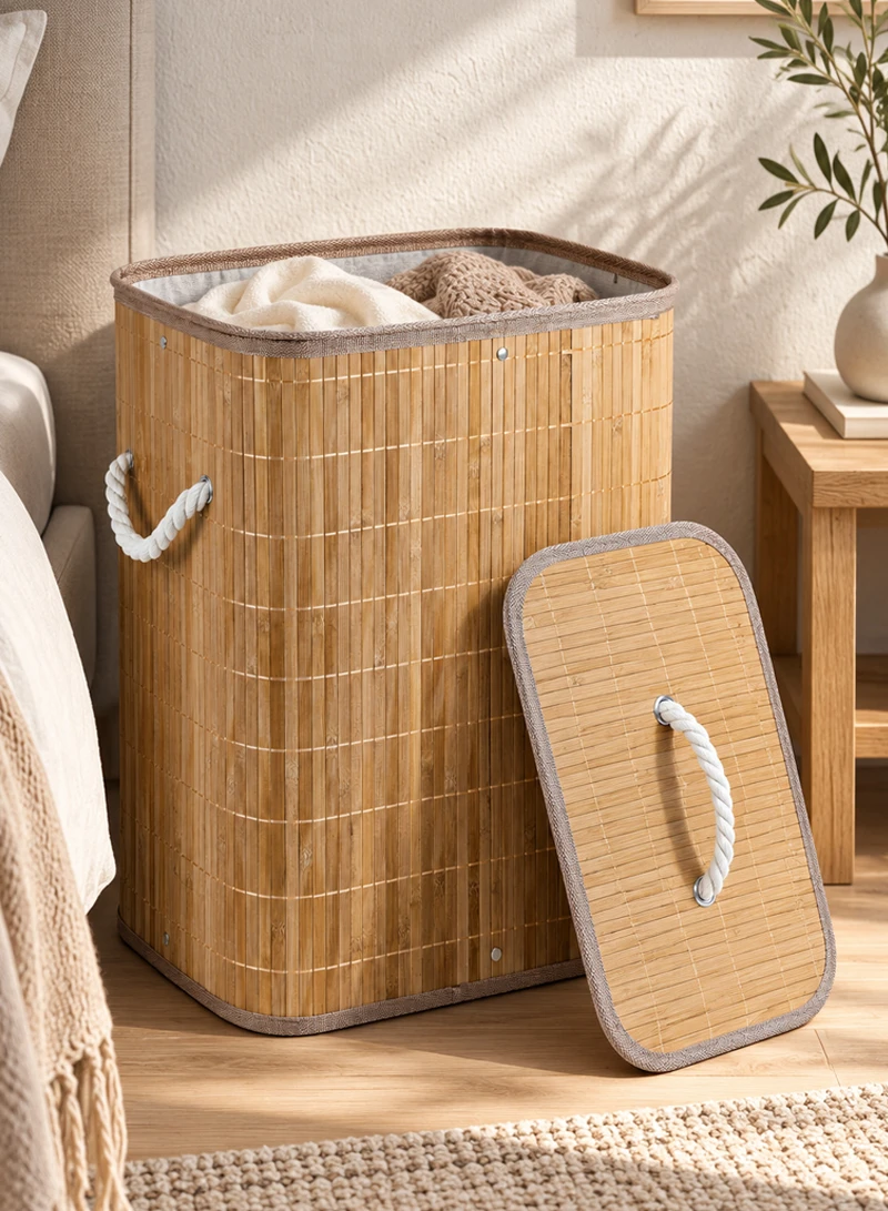 Natural Foldable Bamboo Laundry Hamper with Removable Fabric Liner, Lid & Rope Handles