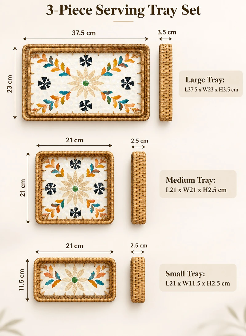 3-Piece Handwoven Rattan Serving Trays Set with Mother of Pearl Colorful Feathers Shell Inlay β photo 2